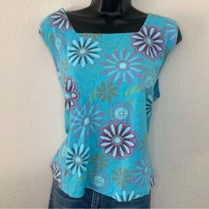 FRESH PRODUCE Cotton Tank Top Size XL Turquoise Floral Square Neck Sleeveless
